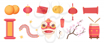 Asian festive elements. Dragon mask, fireworks, drum and scrolls, paper lantern and coins isolated vector set. Illustration festival traditional object collection
