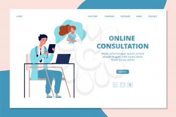 Online doctor landing page. Internet treatment, medicine help vector web banner. Medical help online, hospital doctor web page illustration