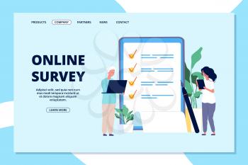 Online survey landing page. Choice list, quality questionnaire. People answering question, business internet marketing vector web banner. Illustration research and feedback, check list survey