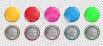 Pin buttons. Round badges, circle glossy colorful magnets. Pink, red and yellow realistic isolated vector pins mockup. Button pin template, blank label souvenir illustration