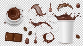 Realistic coffee set. Drink splashes, coffee beans and take away cup, chocolate isolated on transparent background vector elements. Cup of chocolate and coffee drink, hot beverage illustration