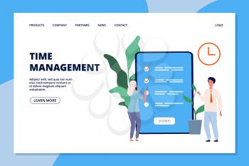 Time management landing page. Woman and business consultant, to do list or online planning app vector web page template. Business management time and organization illustration