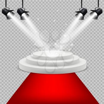 Red carpet and white podium. Award stage with projector lighting isolated vector realistic background. Illustration podium and pedestal stage