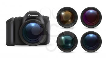 Realistic photo camera. 3D lenses isolated on white background. Photographic equipment vector set. Realistic camera lens, professional digital photography illustration
