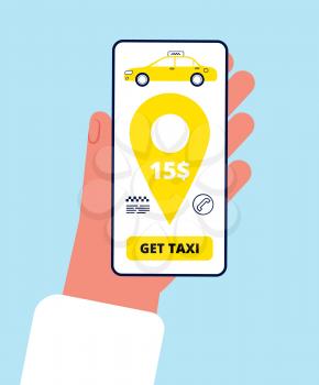 Taxi order online. Smartphone app hand holding telephone and press button to call taxi application vector concept. Illustration taxi smartphone app service, order cab application