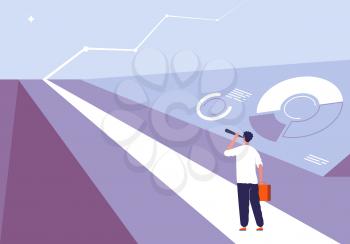 Business begin concept. Person standing on the road and viewing in horizon opportunity big challenge and profit vector illustration. Business opportunity and challenge, solution and motivation
