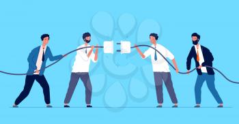 Team connected plug. Business people connecting different connectors team managers cooperation vector concept. Connect strategy cord, success deal together illustration