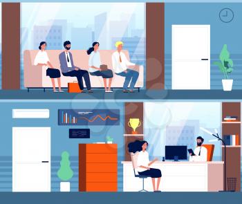 Business interview. Characters sitting in corridor waiting employees recruitment persons vector flat illustration. Business interview and recruitment, office worker in corridor