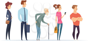 Queue persons. Profile characters male and female standing in line vector people. Illustration queue line, row people crowd, male and female