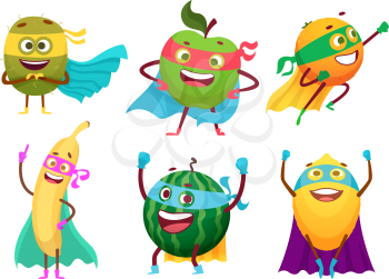 Superheroes fruits. Vegetables healthy food mascot heroes costumes orange garden apple berry vector characters. Fruit superhero, hero with superpower, banana or apple illustration