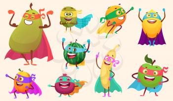 Superheroes fruits collection. Characters healthy vegetables comics style action poses garden food vector mascot collection. Characters fruits superhero, hero cartoon vegetable illustration
