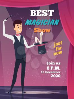 Magic show poster. Magician character show tricks wizard with mystery cap vector placard invitation. Magic show, magician cartoon mystery, trick magical performance illustration