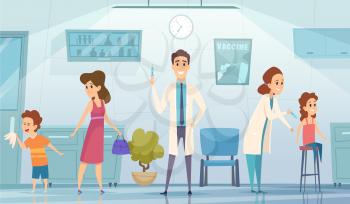 Kids vaccination. Doctor in clinic medication childrens cartoon vector background healthcare concept. Illustration vaccination and healthcare prevention
