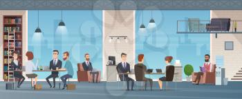Coworking center. Open space business center interior work place environment vector cartoon background. Coworking business office, co-working workspace illustration