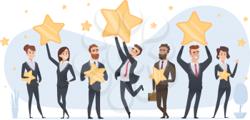 Rating stars. People holding in hands various stars of ratings and reviews vector business concept. Illustration rating and feedback review stars