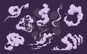 Comic smoke. Cartoon smell explosion vfx clouds of wind vector set. Smoke cloud and fog steam effect, motion vapor illustration