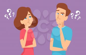 Thinking couple. Male and female characters expression standing and have a question face brainstorming emotions concept human thinks vector. Illustration female and male question expression