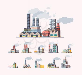 Factory. Industrial buildings manufactures air pollution vector flat pictures. Illustration building manufacturing tower, production construction with pipeline