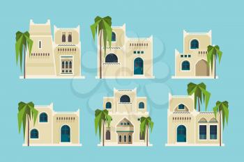 Ancient arabic houses. Old traditional muslim brick buildings desert architectural objects mosque vector flat collection. Muslim architectural structure, sandstone house illustration