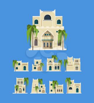 Desert arabic buildings. Egypt antique old traditional houses brick architectural objects old homes vector. Illustration structure sandstone house, historical building desert