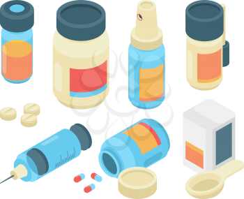 Drugs pills isometric. Pharmaceutical healthcare 3d items emergency doctor tools for clinic medication use vector collection. Illustration medical pill, isometric drug and health pharmaceutical