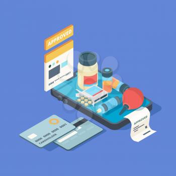 Medical app. Smartphone screen with online order medical pills drugs med clinic connection online vector isometric concept. Medical app isometric, pharmacy online health care illustration