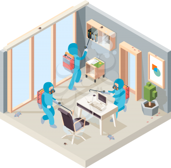 Office disinfection. Pest poison cleaning service working in room insects controlling vector isometric concept. Illustration disinfection room office, professional working controlling and prevention