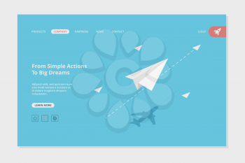 Airplane landing. Success business web page concept picture with paper planes goals destination vector template. Illustration business airplane development