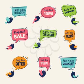 Early bird. Special offers badges discounts labels with birds vector advertising signs collection. Offer label lettering, speech bubble early bird promotion illustration