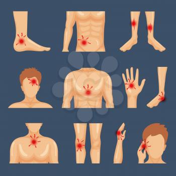 Physical injury. Body parts shoulders trauma pain legs healthy lifestyle flat symbols vector. Illustration physical human injury trauma, pain body dots