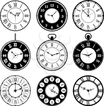Retro clocks. Old roman vintage round watches collection vector pictures set. Clock old number, illustration vintage roman watch