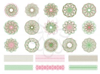 Guilloche collection. Engraving security watermarks shapes for documents certificates and banknotes symmetrical vector forms. Watermark voucher, guilloche ornament certificate illustration
