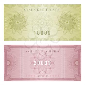 Coupon template. Certificate design with guilloche engraving watermarks shapes and borders vector. Illustration voucher and certificate award, banknote with guilloche