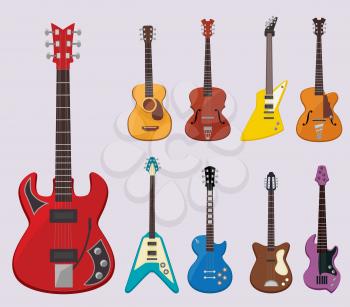 Musical guitar. Live concert instruments sound plays various objects classical guitars vector illustrations. Instrument electric and acoustic guitar, musical sound