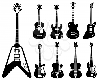 Guitar silhouettes. Musical instruments black symbols acoustic and rock guitars vector set. Silhouette instrument electric for rock and acoustic guitar illustration