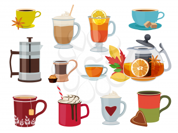 Warm drinks. Hot breakfast liquid products tea coffee with milk mulled wine vector pictures set. Tea warm, winter cappuccino, coffee espresso illustration