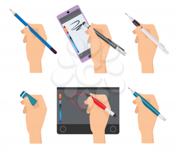 Hands holding pen. Writing items pens markers tools for writers vector cartoon set. Pen drawing tablet, pencil draw illustration