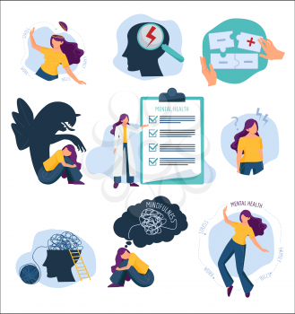 Mental treatment. Mind problems and health care human protection emotional treatment vector concept illustration. Mental mind health, treatment and therapy