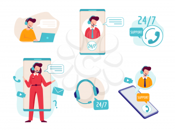 Online assistant. Virtual operator chat help technical support headset helpline service vector concept pictures. Illustration operator center, call service online