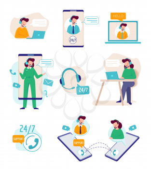 Support online. Virtual assistant person talking with technical agents helpful manager business support call center vector. Illustration support help service, assistance client online