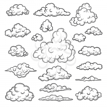 Hand drawn clouds. Weather graphic symbols decorative sky vector nature objects vector cloud collection. Illustration cloud weather, cloudy forecast