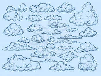 Clouds sketch. Decorative sky elements weather clouds vector cloudscape vector vintage style. Cloud collection design, overcast old-fashioned sketch illustration