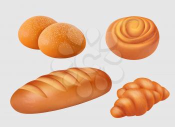 Bakery realistic. Breakfast food pastries, loaf, buns, bagels, pretzel slice bread vector products illustrations. Bakery tasty to breakfast, pretzel and croissant