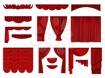 Red curtains. Textile theatrical opera scenes decoration curtains vector realistic collection set. Fabric curtain velvet, presentation theatrical illustration