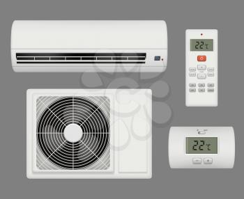 Conditioner realistic. Air ventilation purifier comfortable interior vector. Air conditioner equipment, home cooler conditioning illustration