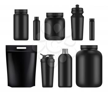 Sport nutrition. Fitness whey plastic jar and bottles power food for supplements gym athletes blank vector mockup. Container fitness protein, drink nutrition illustration