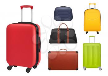 Suitcase realistic. Luggage tourists fashioned colored objects bags for travellers vector. Illustration baggage and luggage realistic mockup
