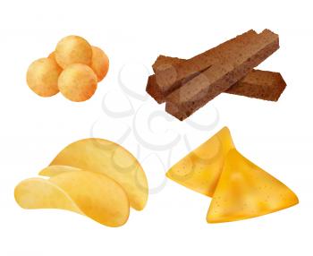 Snacks. Salty crispy junk fast food chips corn cookies vector realistic collection. Illustration snack salty, potato and fast food