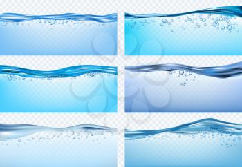 Water waves. Blue flowing realistic waves splashes fresh liquid products drinks raindrops vector. Wave blue liquid sea, transparent freshwater illustration