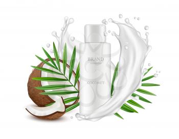 Realistic coconut. Cosmetics bottle, palm leaves and milk splashes. Realistic vector package mockup isolated on white background. Cosmetic organic bottle, coconut palm illustration
